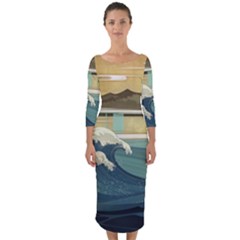 Sea Asia, Waves Japanese Art The Great Wave Off Kanagawa Quarter Sleeve Midi Bodycon Dress by Bakwanart