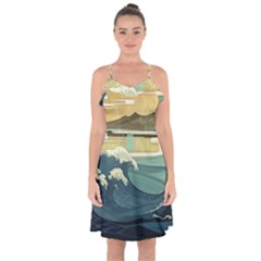 Sea Asia, Waves Japanese Art The Great Wave Off Kanagawa Ruffle Detail Chiffon Dress by Bakwanart