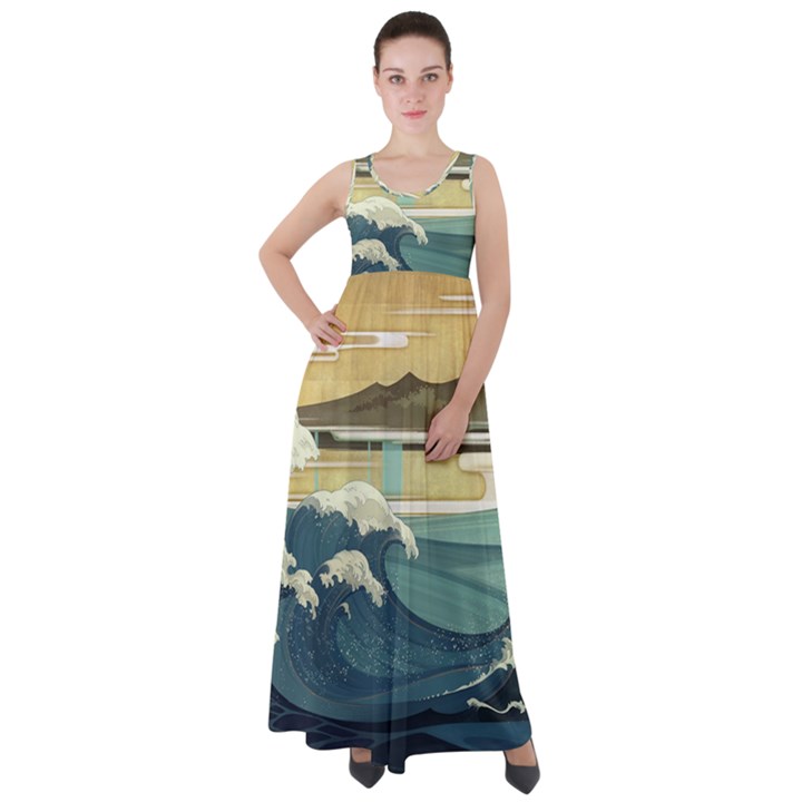 Sea Asia, Waves Japanese Art The Great Wave Off Kanagawa Empire Waist Velour Maxi Dress