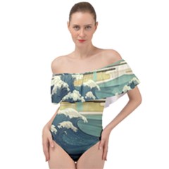 Sea Asia, Waves Japanese Art The Great Wave Off Kanagawa Off Shoulder Velour Bodysuit  by Bakwanart