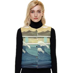 Sea Asia, Waves Japanese Art The Great Wave Off Kanagawa Women s Short Button Up Puffer Vest by Bakwanart