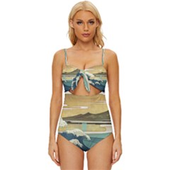 Sea Asia, Waves Japanese Art The Great Wave Off Kanagawa Knot Front One-piece Swimsuit by Bakwanart