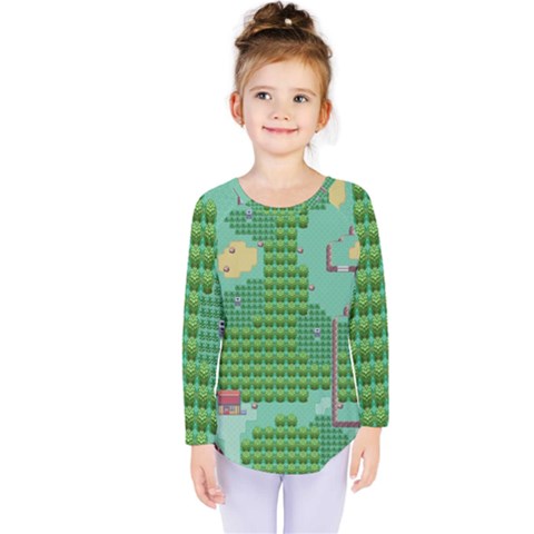 Green Retro Games Pattern Kids  Long Sleeve Tee by Bakwanart