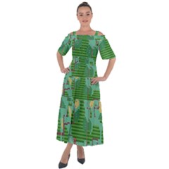 Green Retro Games Pattern Shoulder Straps Boho Maxi Dress  by Bakwanart