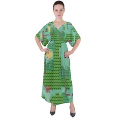 Green Retro Games Pattern V-neck Boho Style Maxi Dress by Bakwanart