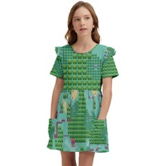 Green Retro Games Pattern Kids  Frilly Sleeves Pocket Dress by Bakwanart