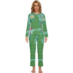 Green Retro Games Pattern Womens  Long Sleeve Lightweight Pajamas Set by Bakwanart