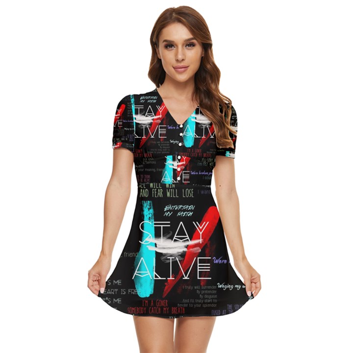 Stay Alive V-Neck High Waist Chiffon Mini Dress