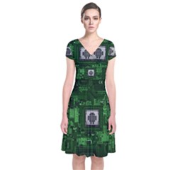 Technology Computer Chip Electronics Industry Circuit Board Short Sleeve Front Wrap Dress by Bakwanart