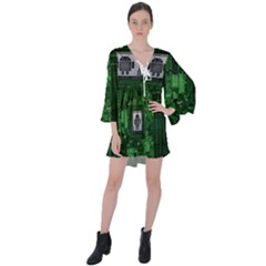 Technology Computer Chip Electronics Industry Circuit Board V-neck Flare Sleeve Mini Dress by Bakwanart