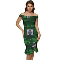 Technology Computer Chip Electronics Industry Circuit Board Off Shoulder Ruffle Split Hem Bodycon Dress by Bakwanart