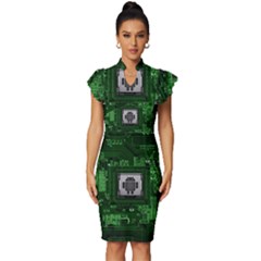 Technology Computer Chip Electronics Industry Circuit Board Vintage Frill Sleeve V-neck Bodycon Dress by Bakwanart