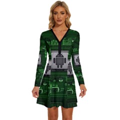 Technology Computer Chip Electronics Industry Circuit Board Long Sleeve Deep V Mini Dress  by Bakwanart