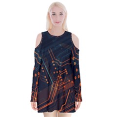 Abstract Colorful Circuit Velvet Long Sleeve Shoulder Cutout Dress by Bakwanart