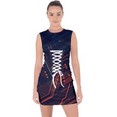 Abstract Colorful Circuit Lace Up Front Bodycon Dress by Bakwanart