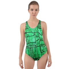 Green Circuit Board Computer Cut-out Back One Piece Swimsuit by Bakwanart