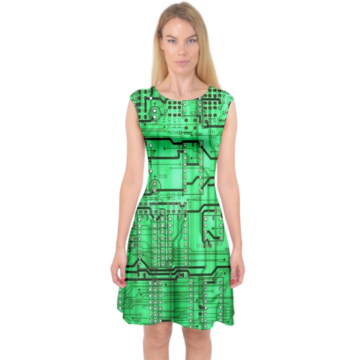 Green Circuit Board Computer Capsleeve Midi Dress