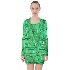 Green Circuit Board Computer V-neck Bodycon Long Sleeve Dress by Bakwanart