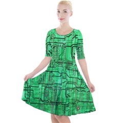 Green Circuit Board Computer Quarter Sleeve A-line Dress by Bakwanart