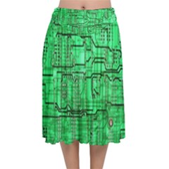 Green Circuit Board Computer Velvet Flared Midi Skirt