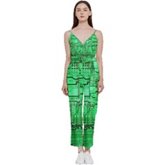 Green Circuit Board Computer V-neck Spaghetti Strap Tie Front Jumpsuit by Bakwanart