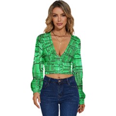 Green Circuit Board Computer Long Sleeve Deep-v Velour Top by Bakwanart