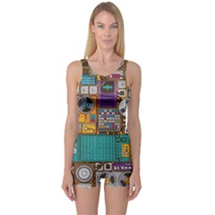 Pattern Design Art Techno Dj Music Retro Music Device One Piece Boyleg Swimsuit by Bakwanart