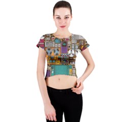 Pattern Design Art Techno Dj Music Retro Music Device Crew Neck Crop Top by Bakwanart