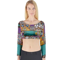 Pattern Design Art Techno Dj Music Retro Music Device Long Sleeve Crop Top by Bakwanart