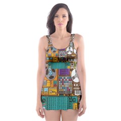 Pattern Design Art Techno Dj Music Retro Music Device Skater Dress Swimsuit by Bakwanart