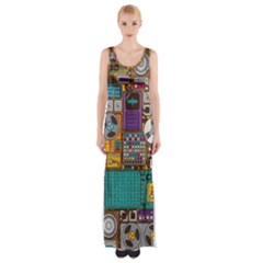 Pattern Design Art Techno Dj Music Retro Music Device Thigh Split Maxi Dress by Bakwanart