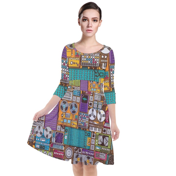 Pattern Design Art Techno Dj Music Retro Music Device Quarter Sleeve Waist Band Dress