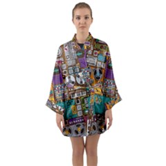 Pattern Design Art Techno Dj Music Retro Music Device Long Sleeve Satin Kimono by Bakwanart