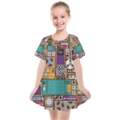 Pattern Design Art Techno Dj Music Retro Music Device Kids  Smock Dress by Bakwanart