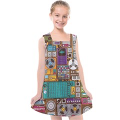 Pattern Design Art Techno Dj Music Retro Music Device Kids  Cross Back Dress by Bakwanart