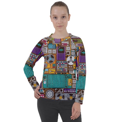 Pattern Design Art Techno Dj Music Retro Music Device Women s Long Sleeve Raglan Tee by Bakwanart