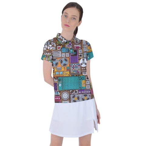 Pattern Design Art Techno Dj Music Retro Music Device Women s Polo Tee by Bakwanart