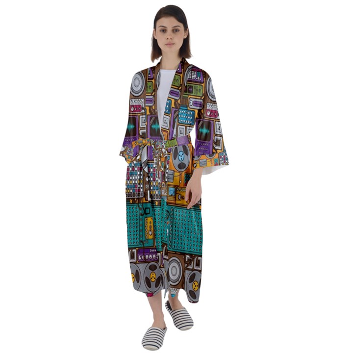 Pattern Design Art Techno Dj Music Retro Music Device Maxi Satin Kimono