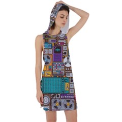 Pattern Design Art Techno Dj Music Retro Music Device Racer Back Hoodie Dress by Bakwanart