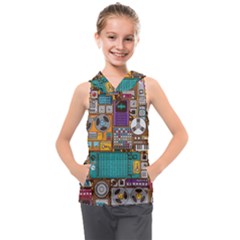 Pattern Design Art Techno Dj Music Retro Music Device Kids  Sleeveless Hoodie by Bakwanart