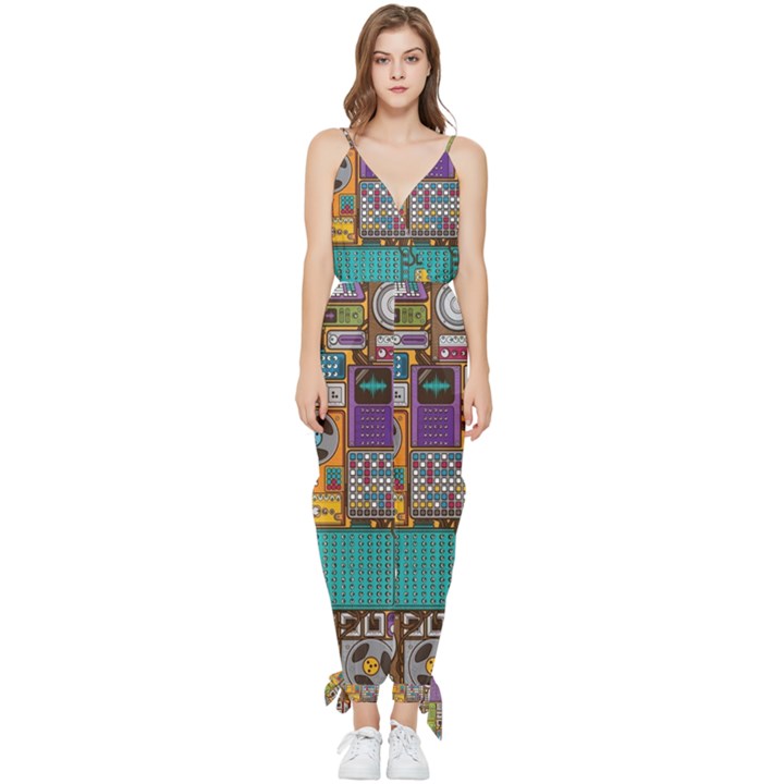 Pattern Design Art Techno Dj Music Retro Music Device Sleeveless Tie Ankle Chiffon Jumpsuit