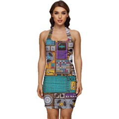 Pattern Design Art Techno Dj Music Retro Music Device Sleeveless Wide Square Neckline Ruched Bodycon Dress by Bakwanart