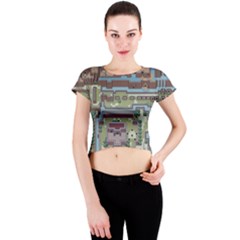 Arcade Game Retro Pattern Crew Neck Crop Top by Bakwanart