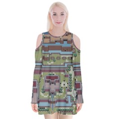 Arcade Game Retro Pattern Velvet Long Sleeve Shoulder Cutout Dress