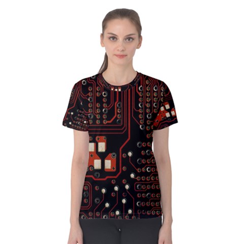 Red Computer Circuit Board Women s Cotton Tee by Bakwanart