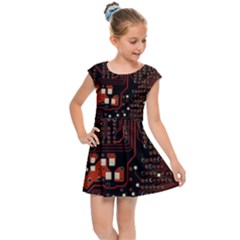 Red Computer Circuit Board Kids  Cap Sleeve Dress by Bakwanart