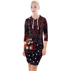 Red Computer Circuit Board Quarter Sleeve Hood Bodycon Dress by Bakwanart