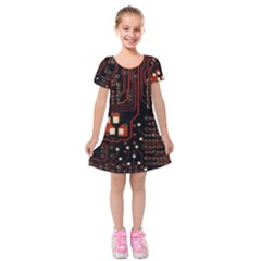 Red Computer Circuit Board Kids  Short Sleeve Velvet Dress