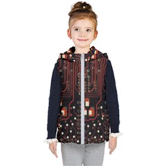 Red Computer Circuit Board Kids  Hooded Puffer Vest by Bakwanart