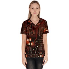 Red Computer Circuit Board Women s V-neck Scrub Top by Bakwanart